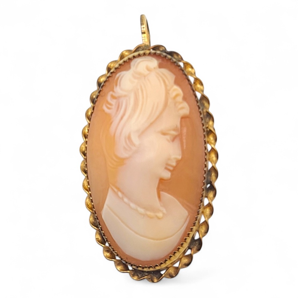 Antique Gold Filled Carved Shell Maiden Lady Cameo Pendant Pin Brooch 1.48"